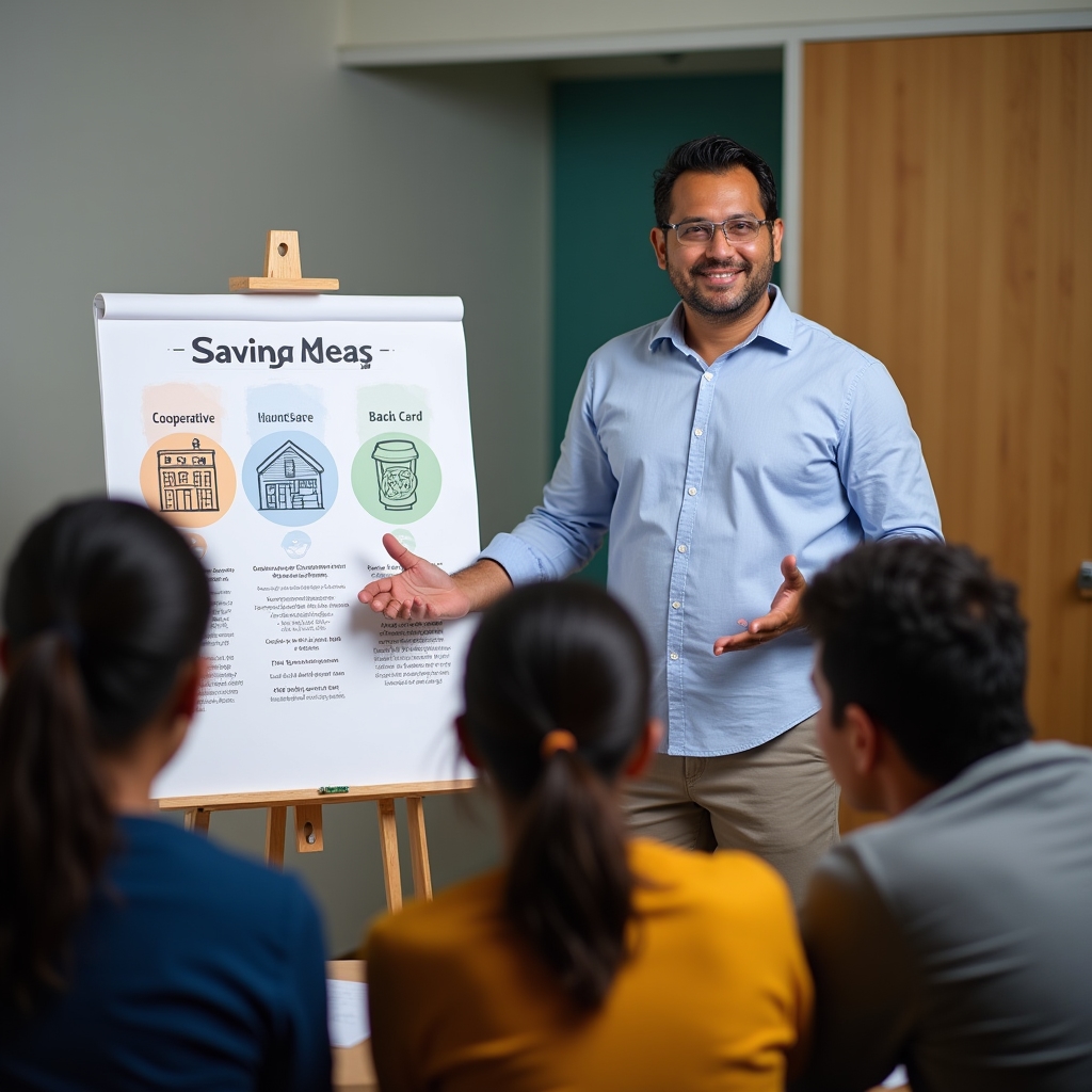 Facilitator explaining different savings methods with visual materials
